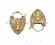 Load image into Gallery viewer, 18K Gold Cross On Heart Fancy Lock Clasp, CZ Micro Pave Lock