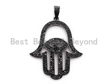 Load image into Gallery viewer, Black CZ Pave On Black Micro Pave Hamsa Hand With Evil Eye Charm, Fashion Jewelry Findings Pave Charm, Pave Dangle Charms,34x48mm, Sku#F377