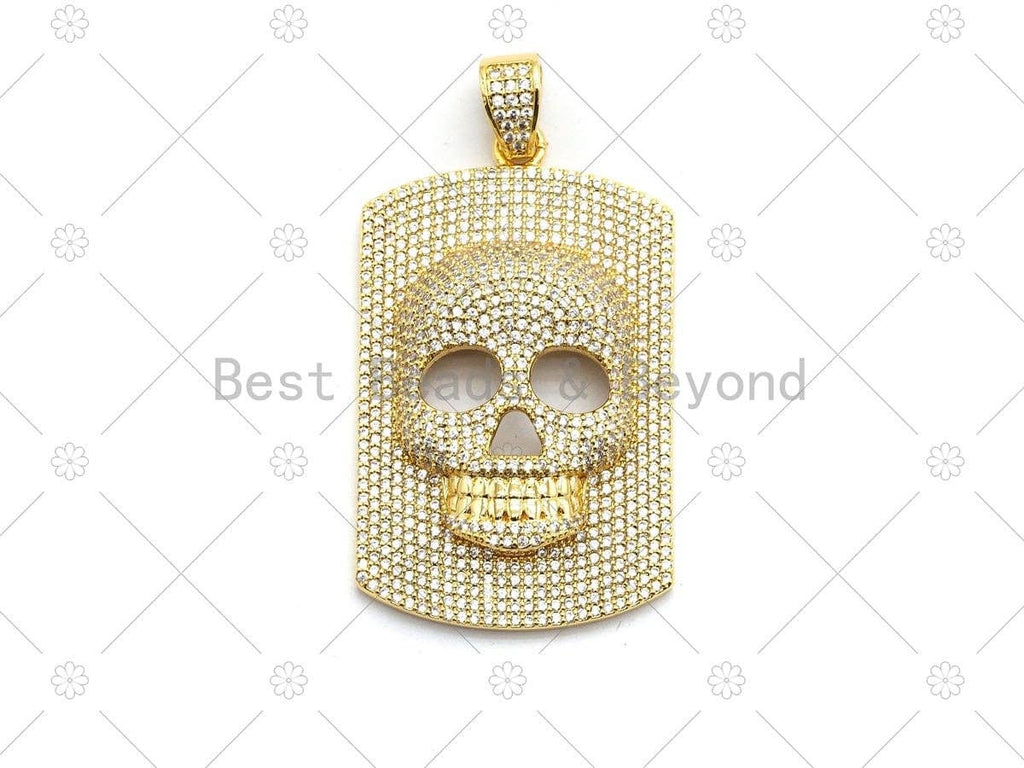 CZ Micro Pave Embossment Skull On Rectangle Shape Pendant,Cubic Zirconia Large Skull Charm, Necklace Bracelet Charm, 50x30mm, Sku#F667