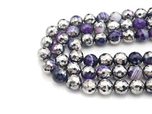 Load image into Gallery viewer, Half Silver Plated Natural Purple Banded Agate Round Faceted Beads, Sku#UA129