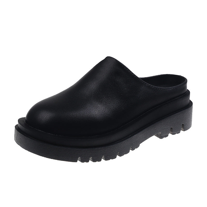 Women's Chunky-Soled Closed-Toe Mules | Round Toe Slip-On Casual Shoes | Beige & Black