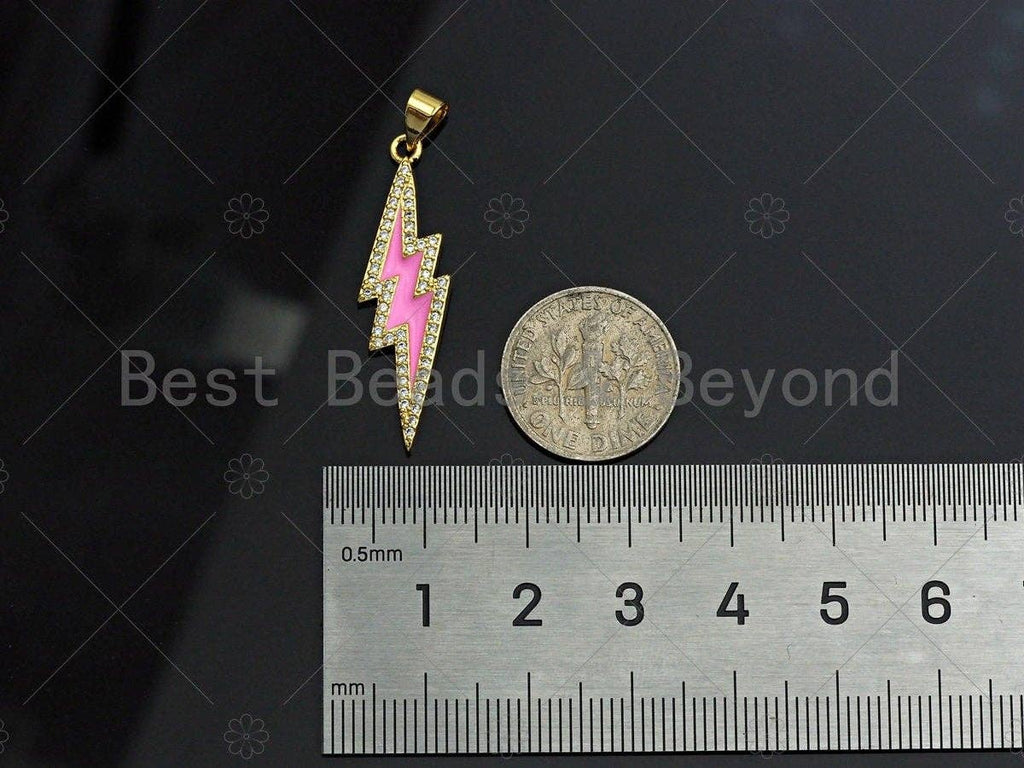 CZ Enamel Lightning Bolt Charm, Gold Finish Enamel CZ Pave lightning Sign Pendant, Pave Lightning Bolt Charm, 10x37mm, sku#LK116