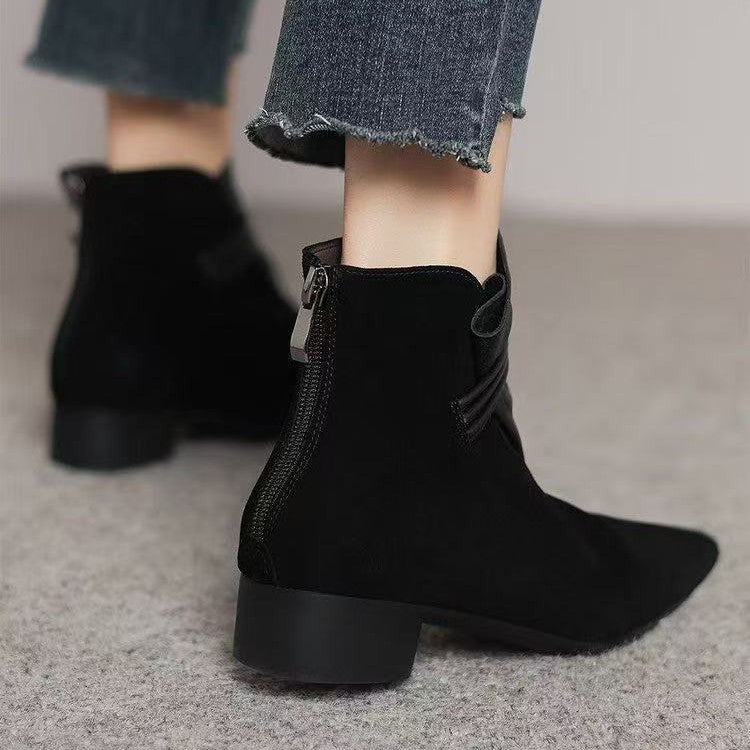Women's Retro Suede Chunky Heel Ankle Boots – Pointed Toe Slip-On