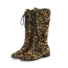 Load image into Gallery viewer, Women's Glitter Sequin Over-the-Knee Boots | Chunky Mid Heel, Lace-Up, Round Toe