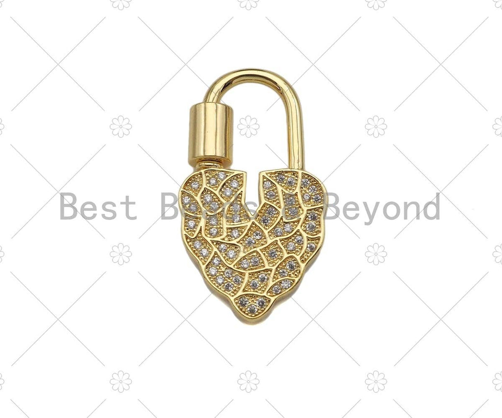 18K Gold Clear CZ Micro Pave Leaf Heart Fancy Lock Clasp, Heart Shape Clasp, Pave Lock, Gold Claps, 17x30mm,sku#K149