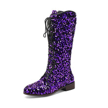 Load image into Gallery viewer, Women's Glitter Sequin Over-the-Knee Boots | Chunky Mid Heel, Lace-Up, Round Toe