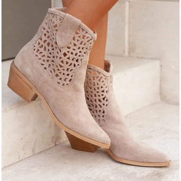 Women's Chunky Heel Ankle Boots - Pointed Toe Slip-On Boots with Cutout Design