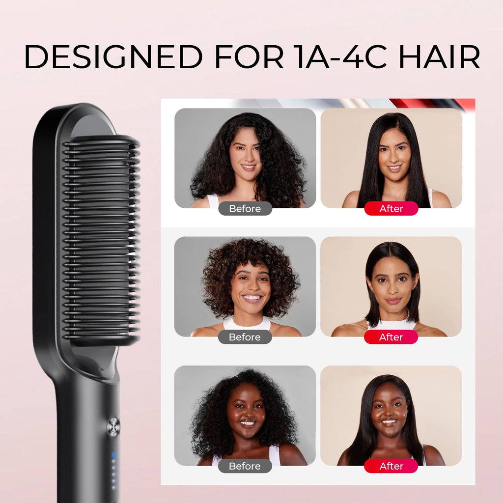 TYMO RING Hair Straightener Brush, Anti-Scald Ceramic Heated Straightening Flat Iron Comb, Frizz Control & Smooth Shine, Dual Voltage, Black, with Travel Bag