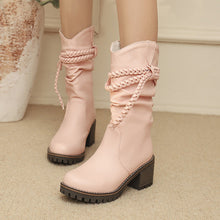 Load image into Gallery viewer, Women's Knitted Strap Mid-Calf Boots With Chunky Heels | Black &amp; White