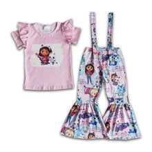 Load image into Gallery viewer, Short flutter sleeve shirt overalls cute cat kids girls clothing set