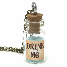 Load image into Gallery viewer, Drink Me Bottle Necklace Glass Vial Fantasy Jewelry Aqua Blue Rusty Glow in the Dark