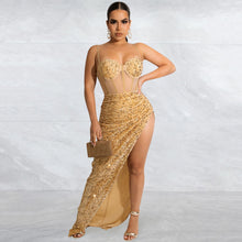 Load image into Gallery viewer, Suspenders Sequin Mesh See through Irregular Asymmetric Slit Dress Women