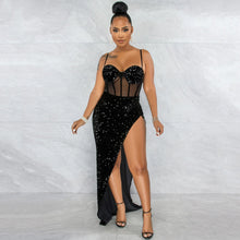 Load image into Gallery viewer, Suspenders Sequin Mesh See through Irregular Asymmetric Slit Dress Women