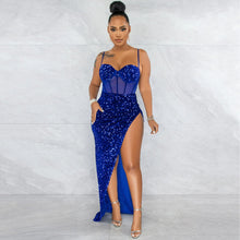 Load image into Gallery viewer, Suspenders Sequin Mesh See through Irregular Asymmetric Slit Dress Women