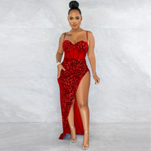 Load image into Gallery viewer, Suspenders Sequin Mesh See through Irregular Asymmetric Slit Dress Women