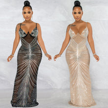 Load image into Gallery viewer, Rhinestone Sexy Spaghetti Straps Corset Mesh See through Maxi Dress