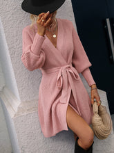 Load image into Gallery viewer, Autumn Winter Mid Length Cardigan Solid Color Women Knitted Lace up Cardigan Sweater Women