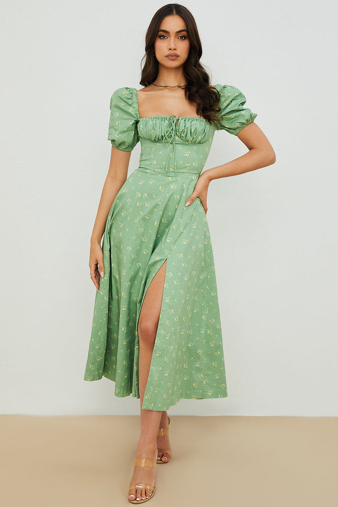 Women Summer Top Product Puff Sleeve Floral Tie Neck High Slit Women Dress Summer