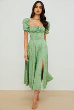 Load image into Gallery viewer, Women Summer Top Product Puff Sleeve Floral Tie Neck High Slit Women Dress Summer