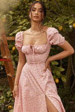 Load image into Gallery viewer, Women Summer Top Product Puff Sleeve Floral Tie Neck High Slit Women Dress Summer