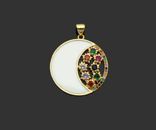 Load image into Gallery viewer, Colorful Enamel Cresent Moon with Colorful CZ On Round Shape Pendant, 18K Gold Filled Enamel Moon Charm,26x28mm,Sku#JL50