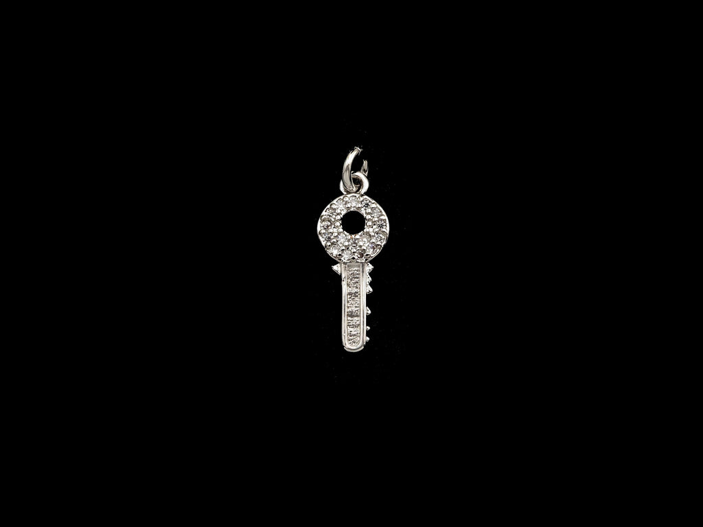 CZ Micro Pave Key Shaped Pendant/Charm, Clear Cubic Zirconia Pave Charm, Small Key Charm, 7x17mm, sku#F1138