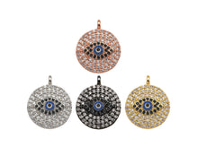 Load image into Gallery viewer, CZ Micro Pave Evil Eye On Round Coin Shape Pendant/Charm,Cubic Zirconia Blue Evil Eye Charm, Necklace Bracelet Charm, 17x14mm, Sku#F1397
