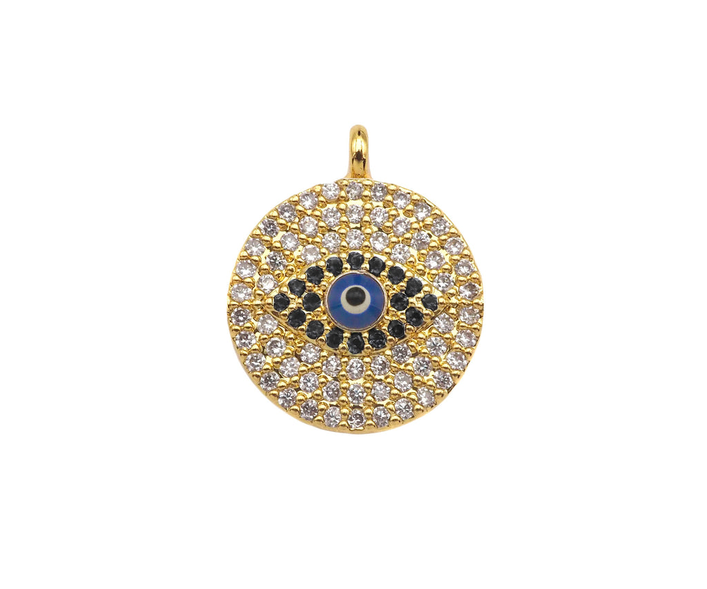 CZ Micro Pave Evil Eye On Round Coin Shape Pendant/Charm,Cubic Zirconia Blue Evil Eye Charm, Necklace Bracelet Charm, 17x14mm, Sku#F1397