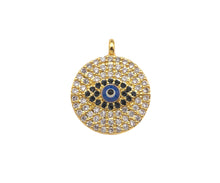 Load image into Gallery viewer, CZ Micro Pave Evil Eye On Round Coin Shape Pendant/Charm,Cubic Zirconia Blue Evil Eye Charm, Necklace Bracelet Charm, 17x14mm, Sku#F1397