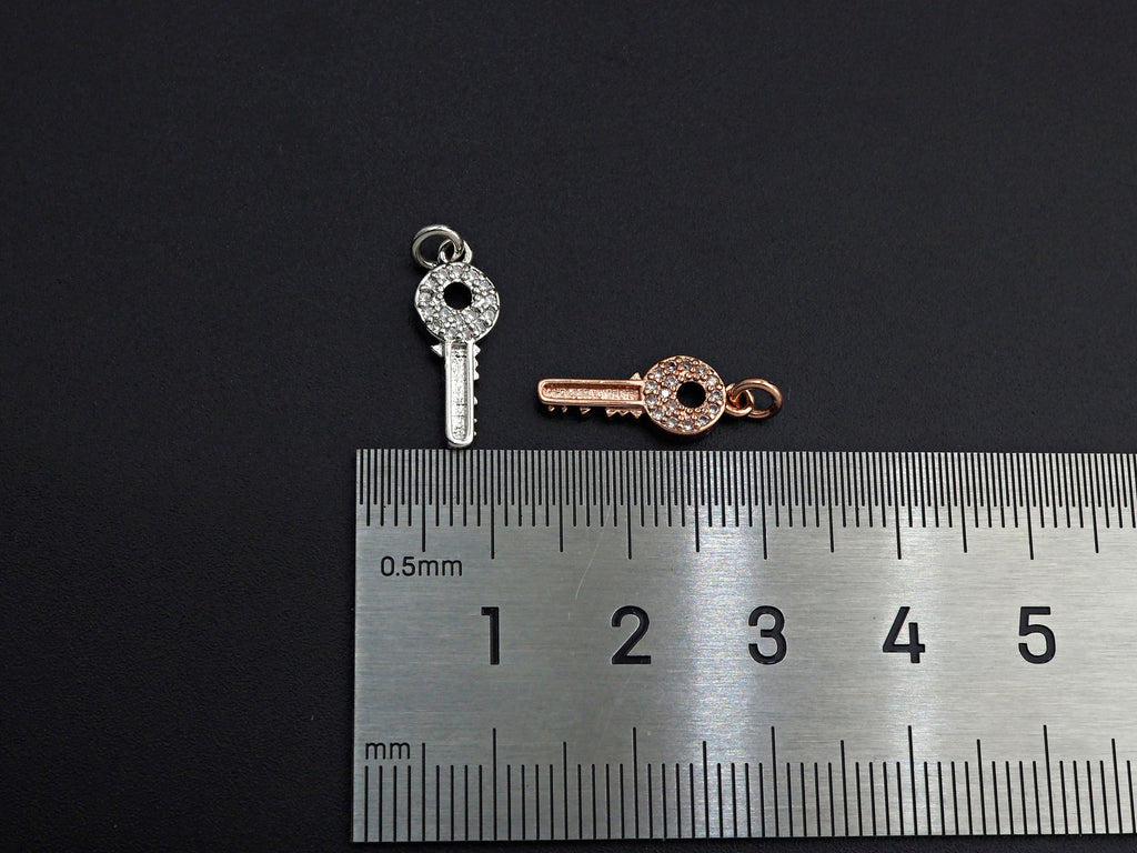 CZ Micro Pave Key Shaped Pendant/Charm, Clear Cubic Zirconia Pave Charm, Small Key Charm, 7x17mm, sku#F1138