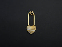 Load image into Gallery viewer, CZ Micro Pave Heart Lock Pendant, Cubic Zirconia Heart Pendant, Gold Tone pendant, 11x26mm, sku#F1110