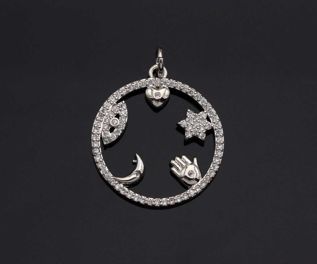 CZ Micro Pave Evil Eye Hand Star On  Round Ring Pendant , 21x23mm, Cubic Zirconia Round Ring Pave Pendant Beads, Pave Charm, SKU#F1188