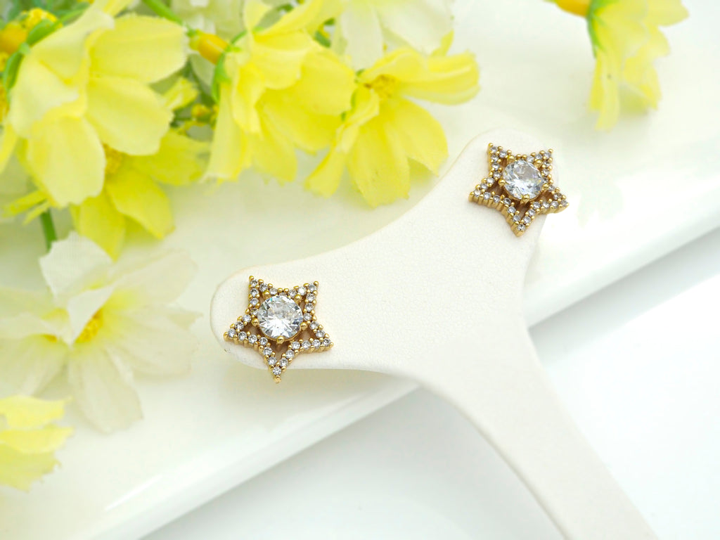 PRESELLING CZ Micro Pave Stud Earring Wires, Five Star Shape Earrings, Clear CZ micro pave earrings, 14mm, sku#J225