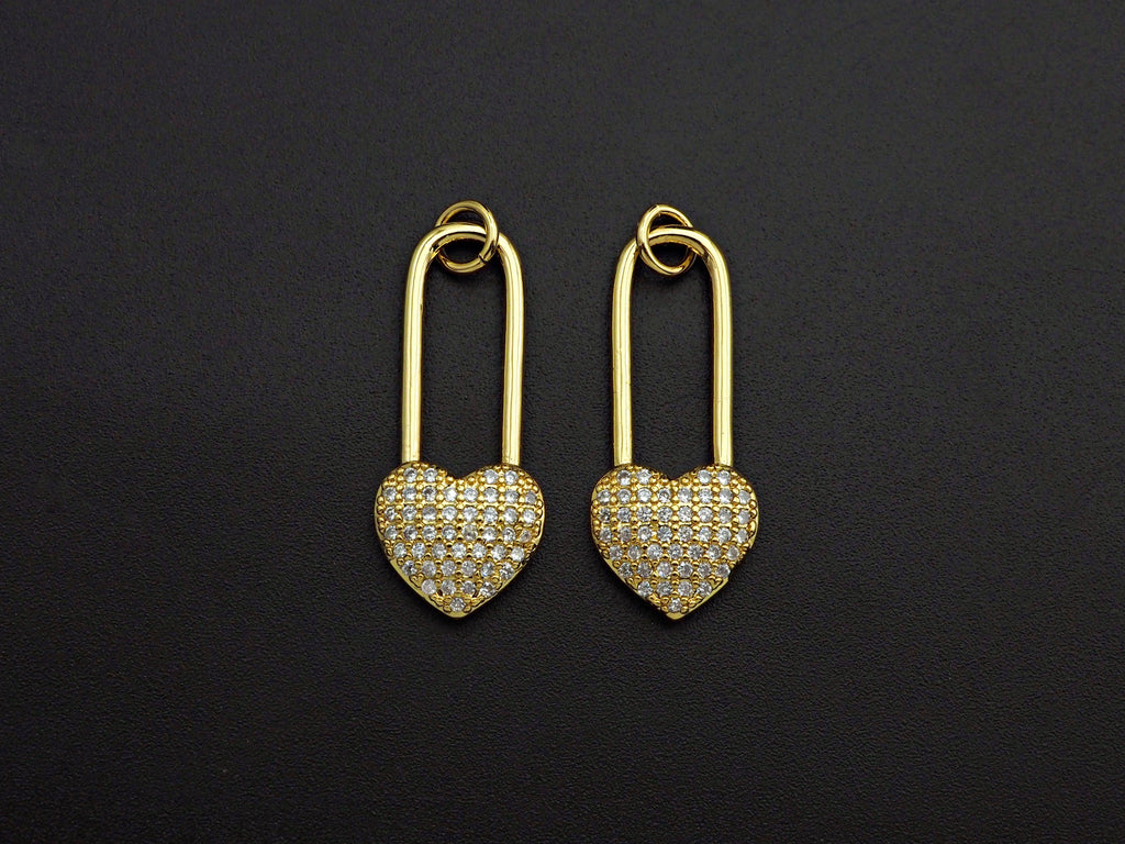 CZ Micro Pave Heart Lock Pendant, Cubic Zirconia Heart Pendant, Gold Tone pendant, 11x26mm, sku#F1110