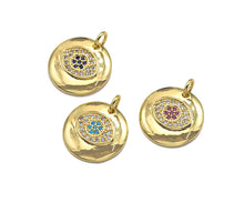 Load image into Gallery viewer, CZ Micro Pave Colorful Evil Eye On Round Coin Charms, 18k Dainty Gold Charms Pendant, Evil Eye Necklace Charms, 15x15mm, Sku#F1304