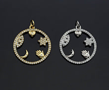 Load image into Gallery viewer, CZ Micro Pave Evil Eye Hand Star On  Round Ring Pendant , 21x23mm, Cubic Zirconia Round Ring Pave Pendant Beads, Pave Charm, SKU#F1188