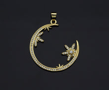 Load image into Gallery viewer, Clear CZ Micro Pave Flower Star On Cresent Moon Shape Pendant Charm, Cubic Zirconia Moon Charm,30x33mm,Sku#LK156