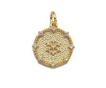 Load image into Gallery viewer, CZ Micro Pave Snowflake On Round Coin Charms, 18k Dainty Gold Charms Pendant, Snowflake Necklace Charms, 14x15mm, Sku#F1305