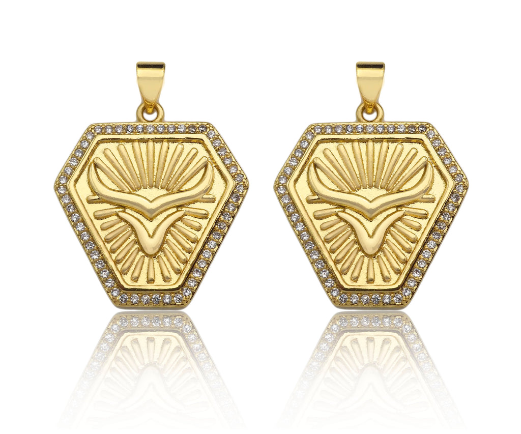 CZ Micro Pave OX Horn On Shield Shape Pendant/Charm,Cubic Zirconia Medallion Charm, Necklace Bracelet Charm Pendant,23x25mm, Sku#LK194
