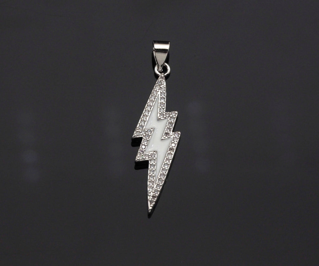 Enamel Colorful Lightning Shape Pendant Silver Finish, CZ Micro Pave Lightning Charm, Enamel pendant,Enamel Jewelry, 10x37mm, sku#LK138
