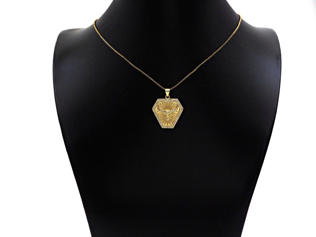 CZ Micro Pave OX Horn On Shield Shape Pendant/Charm,Cubic Zirconia Medallion Charm, Necklace Bracelet Charm Pendant,23x25mm, Sku#LK194