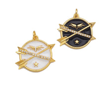 Load image into Gallery viewer, Black/White Enamel PAVE Arrows Cross On Round Coin Pendant, Enamel Round Pendant, Pave Enamel Jewelry Findings,25x21mm,sku#FH148
