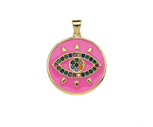 Load image into Gallery viewer, Gold Filled Colorful CZ Evil Eye On Enamel Round Coin Shape Pendant, 18K Gold Filled Micro CZ Pave Charm, 25x23mm,Sku#FH173