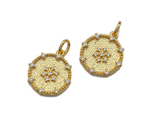 Load image into Gallery viewer, CZ Micro Pave Snowflake On Round Coin Charms, 18k Dainty Gold Charms Pendant, Snowflake Necklace Charms, 14x15mm, Sku#F1305