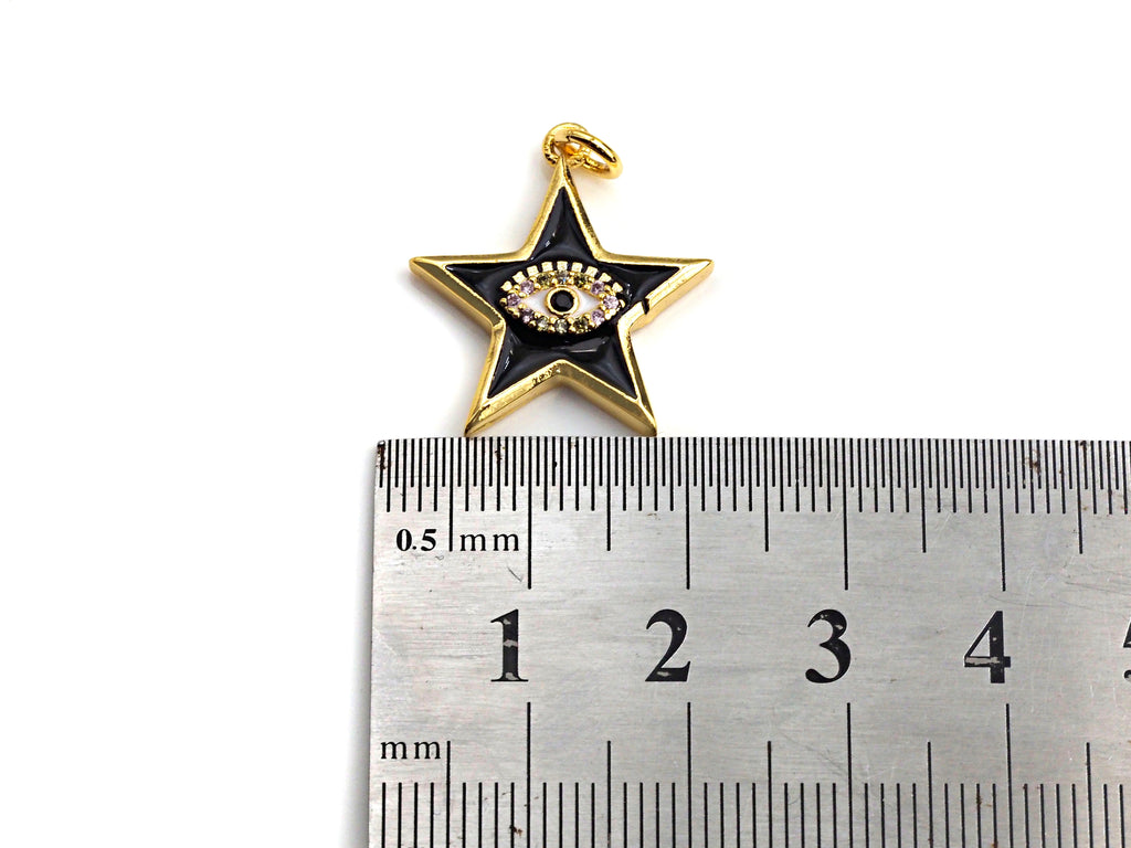 Enamel Five Star with Evil eye charm, Black White Enamel Pendant, Enamel eye charm, Star eye jewelery, 20x24mm,sku#FH13