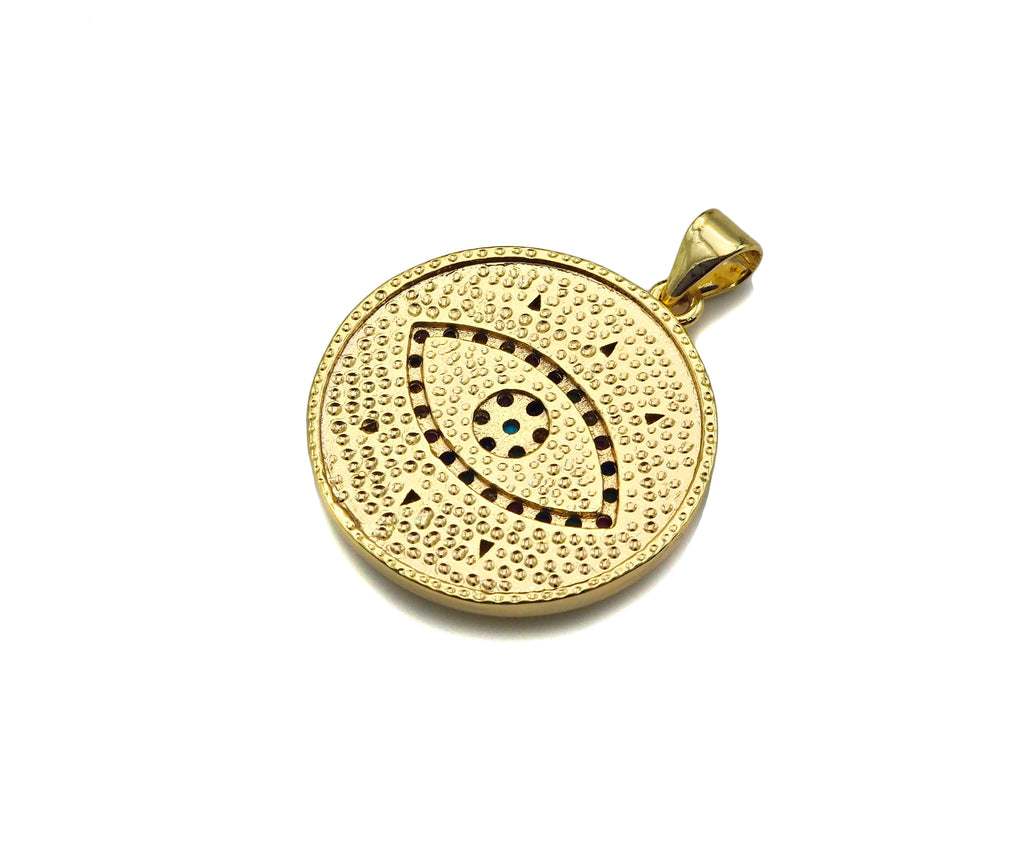 Gold Filled Colorful CZ Evil Eye On Enamel Round Coin Shape Pendant, 18K Gold Filled Micro CZ Pave Charm, 25x23mm,Sku#FH173