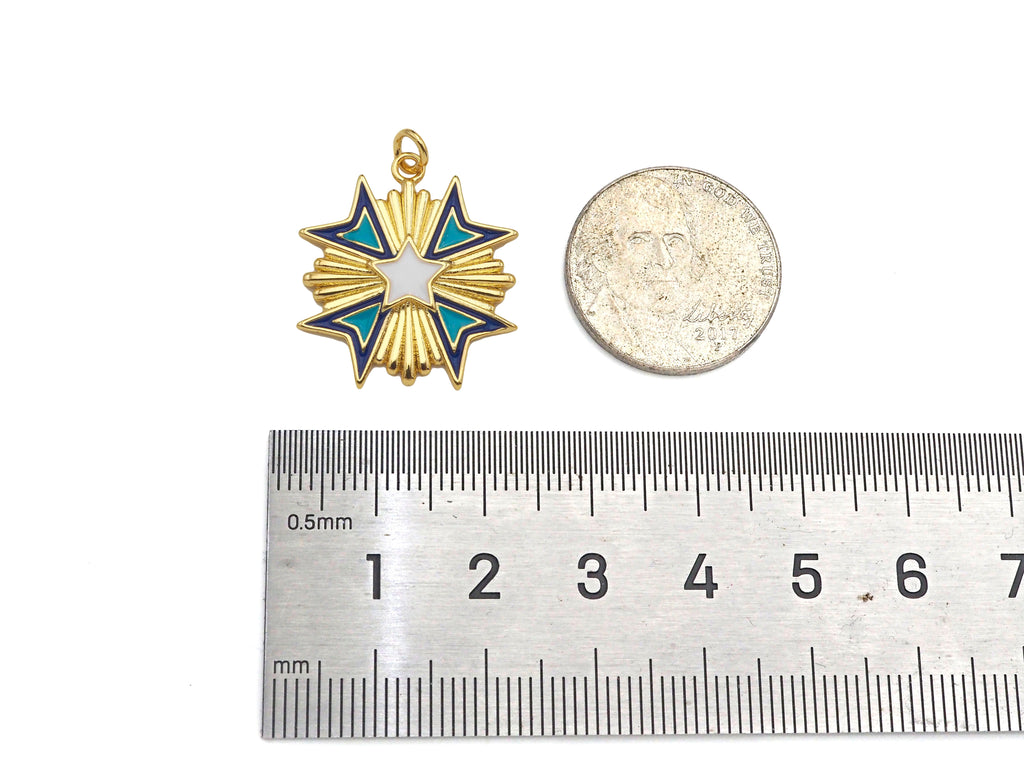 Gold Filled Enamel Star Medallion Pendant, 18K Gold Filled Tuequoise Blue/White Enamel Charm,Enamel Jewelry,23x24mm,Sku#Z1361