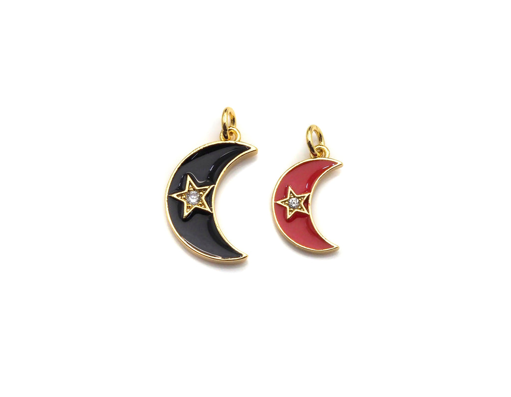 Enamel Moon Star charm, Black Red White Gold CZ Half Moon Pendant, Enamel Moon charm, 10x19mm/18x21mm, sku#FH14