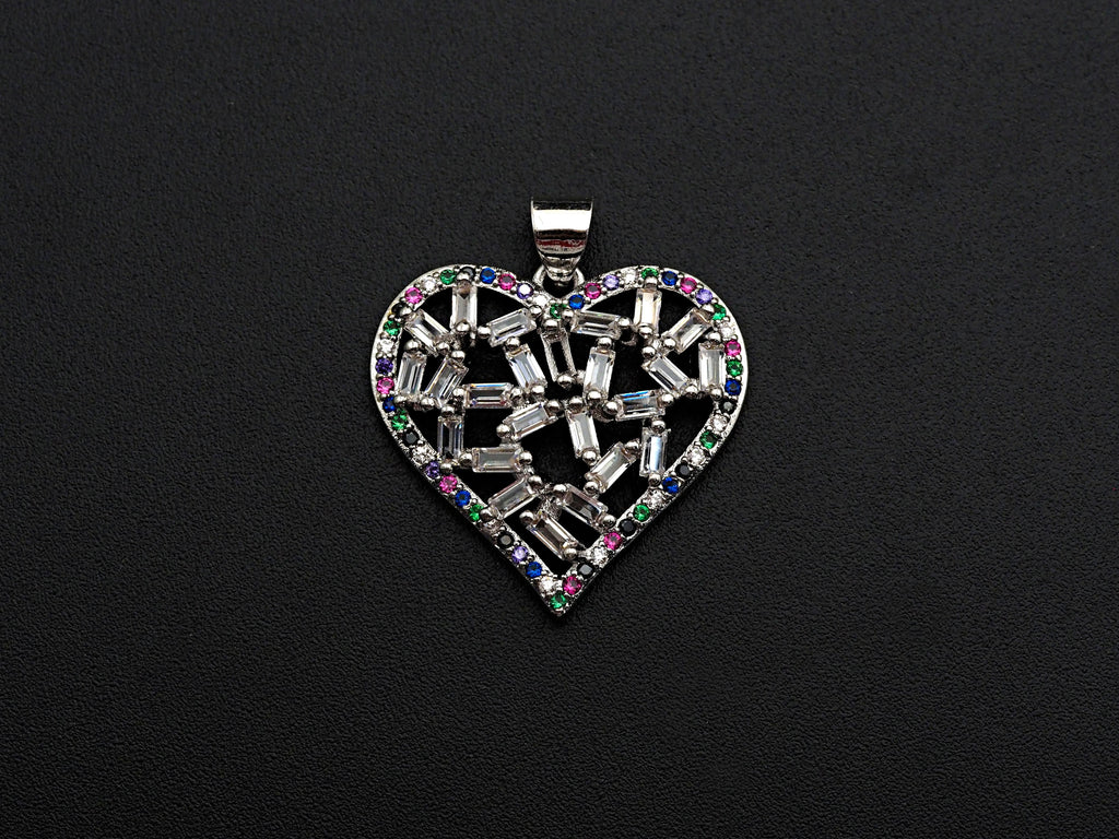 Bagette CZ Micro Pave Filigree Heart Pendant, Heart Shaped Pave Pendant, Gold/Rose Gold/Silver/Gunmetal plated, 28mm, Sku#FH44