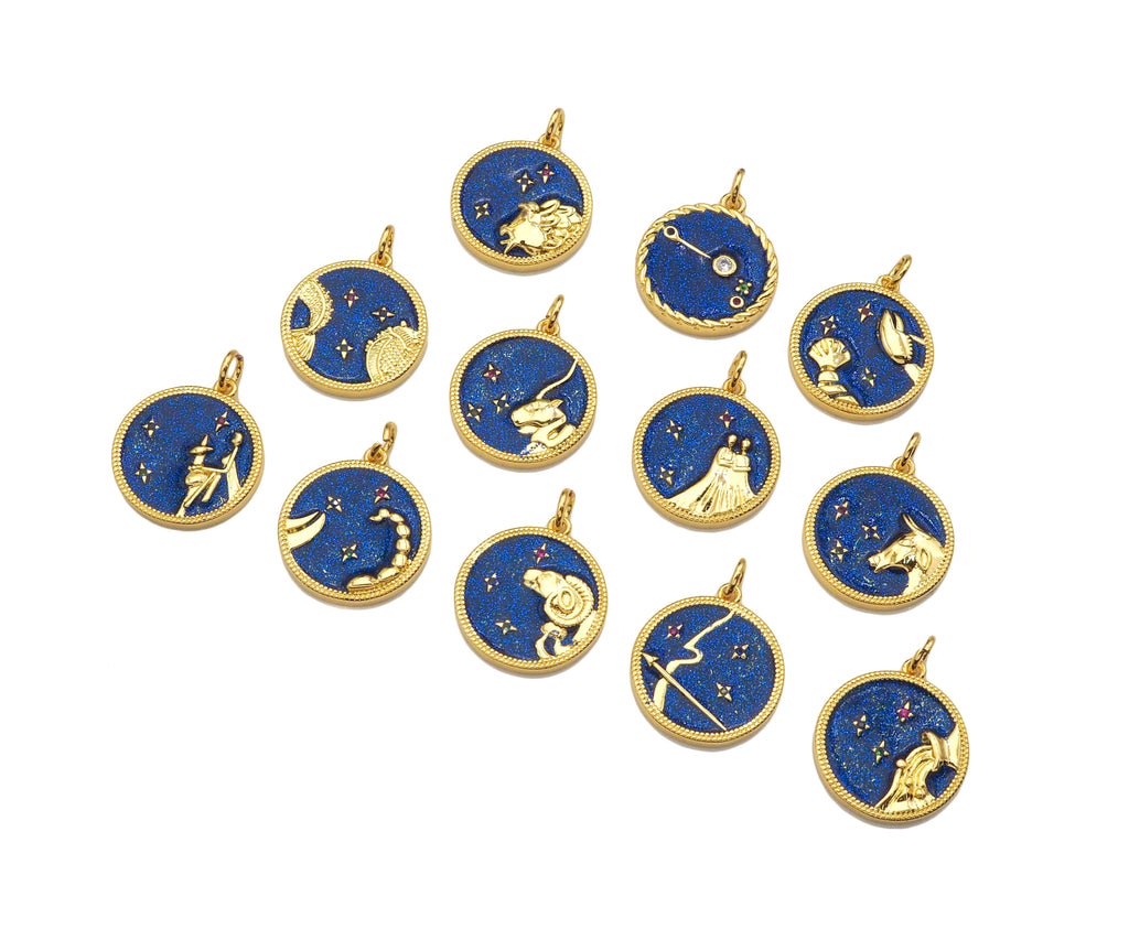 Gold Filled Cobalt Enamel Constellation Pattern On Round Coin Pendant,18K Gold Filled with Bling Effect Enamel Charm,19x17mm,Sku#F1402